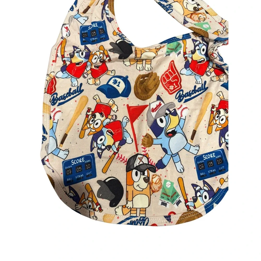 Bluey Bingo Bamboo Baseball Bib Cream Blue Red Sports Theme Snap Closure Unisex